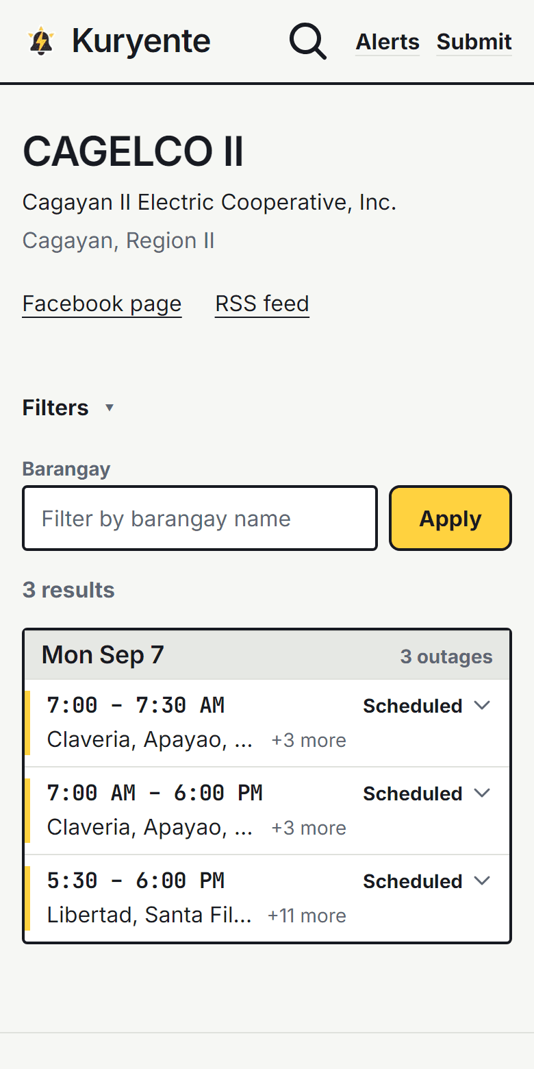 A cooperative's board on a phone, showing the day's time blocks and barangays