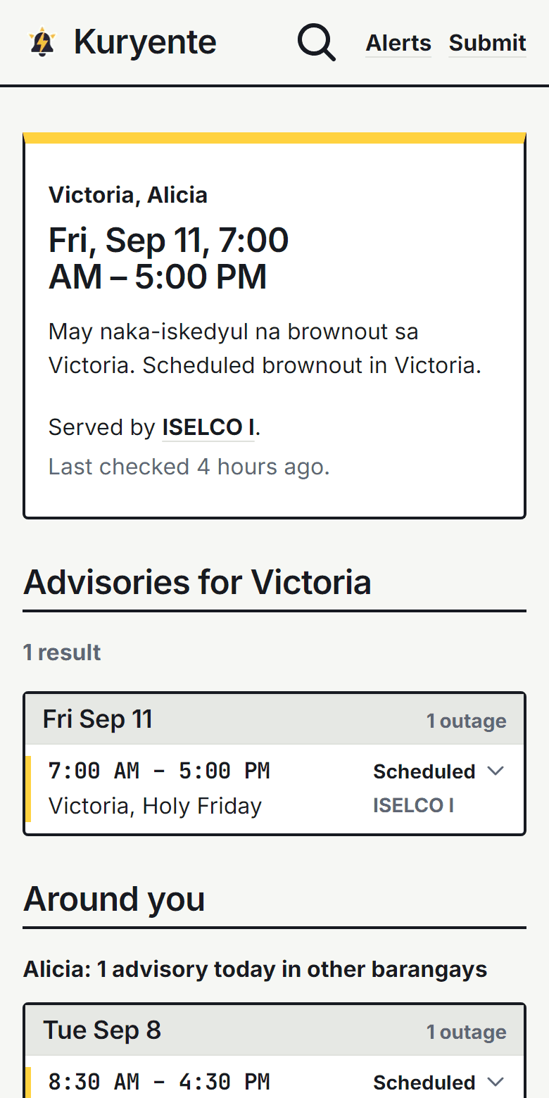 A barangay page on a phone, listing the schedules that cover it